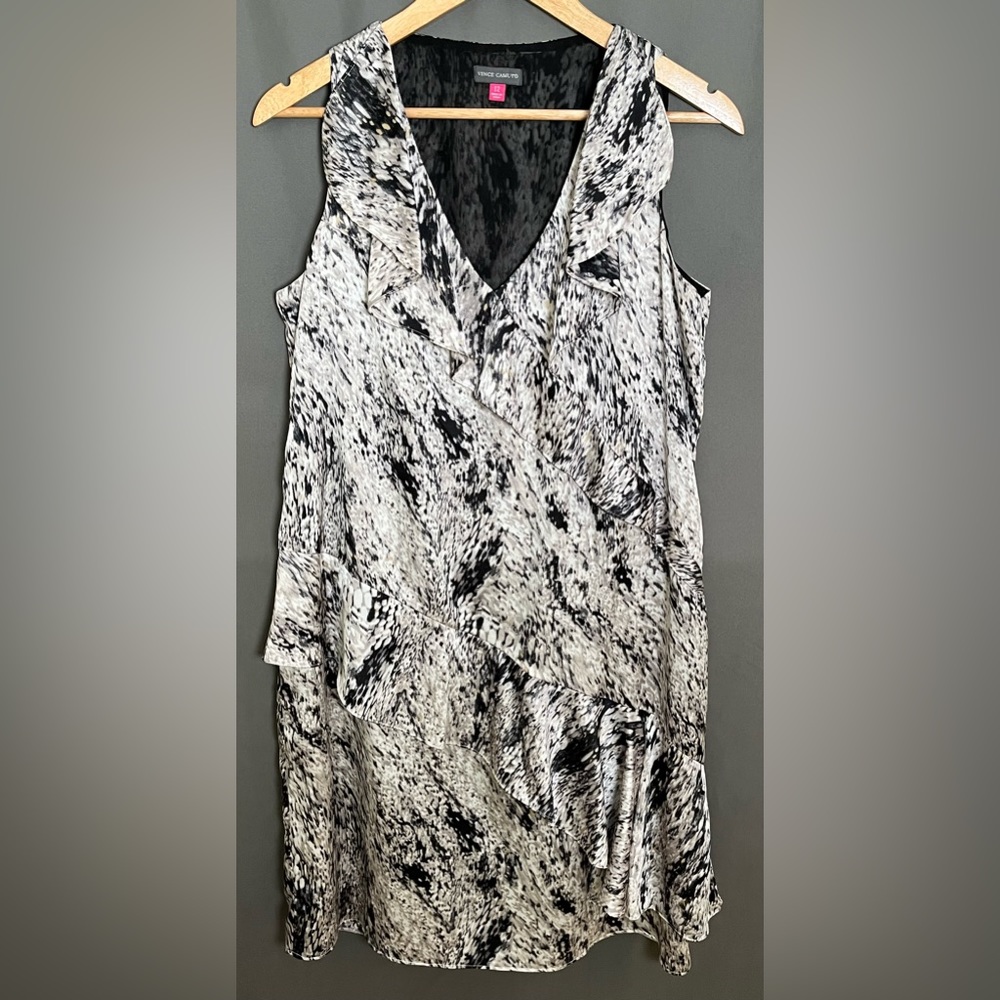 Vince Camuto 12 Asymmetrical Multi Color Abstract Sleeveless Ruffle Dress